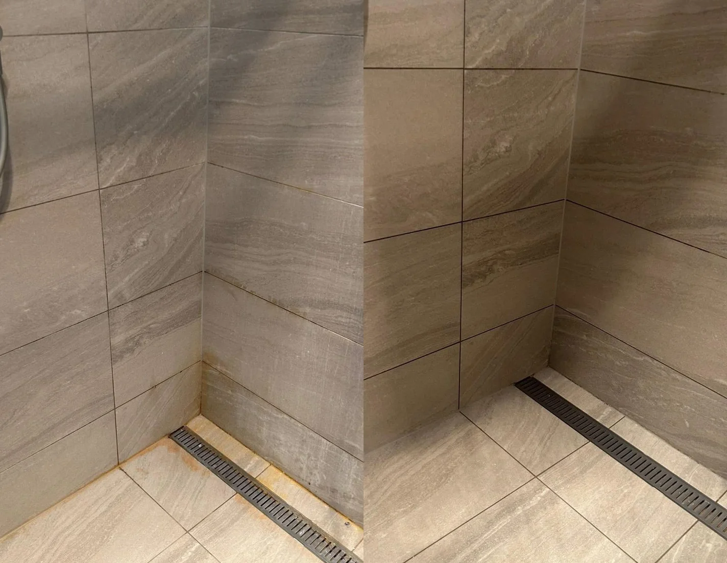 Shower corner before and after a clean, showing staining around the drain removed